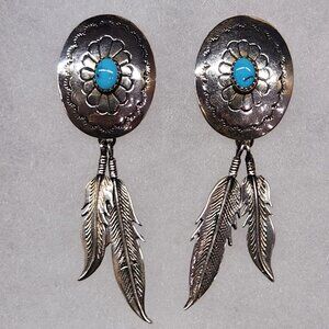 VTG Navajo Cecil Henry Sterling & Turquoise Oval Concho & Feather Earrings,2.5"L